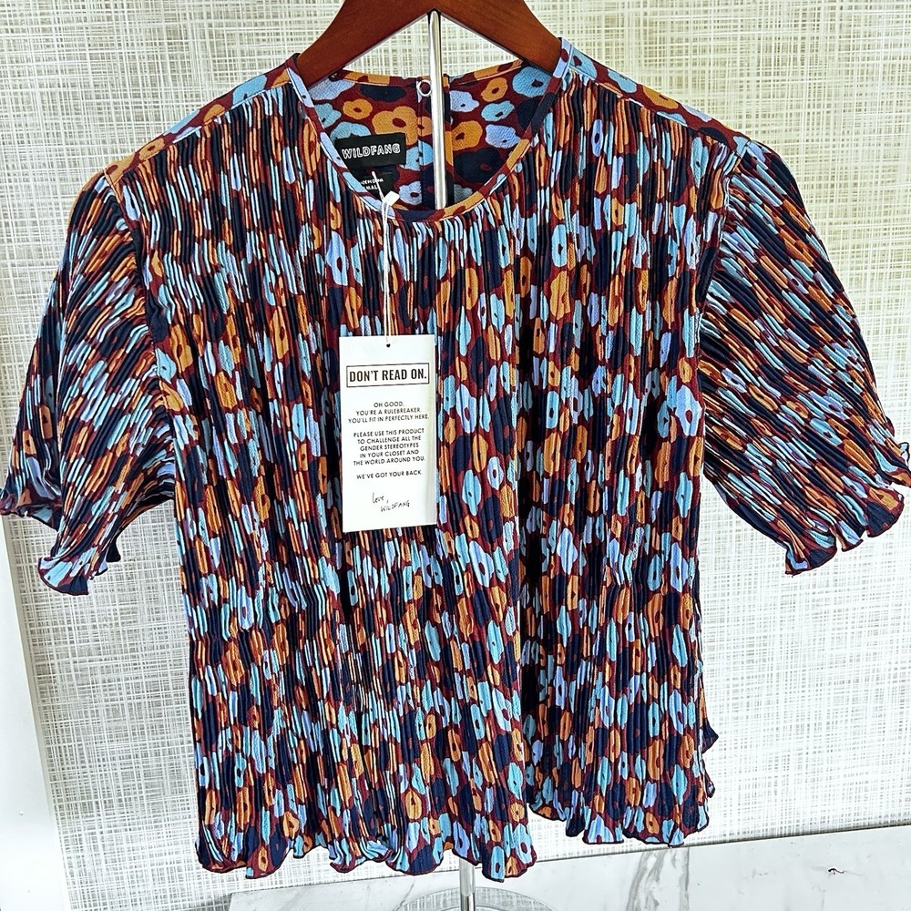 Wildfang Crepe Plisse Leopard Print Empower Boxy Blouse Top Small New $86 BxZ